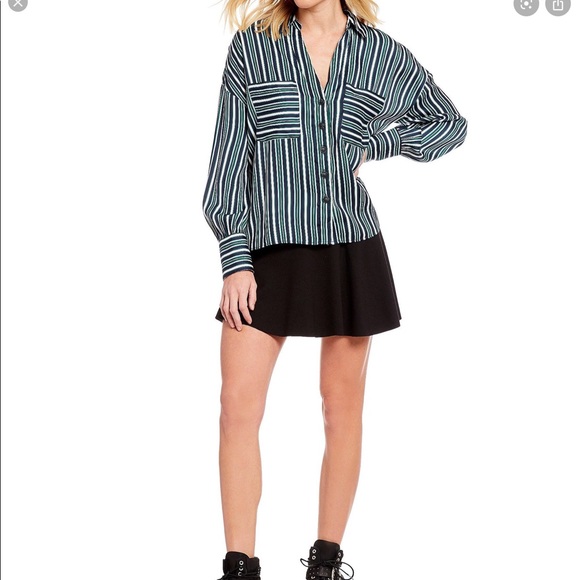 NWT Free People Navy striped silky shirt Sz S - Picture 1 of 5